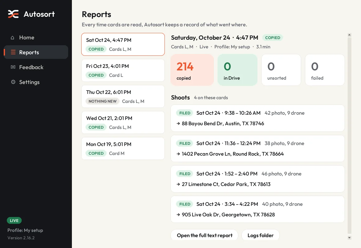 Autosort's Reports page showing four shoots filed from cards L and M
