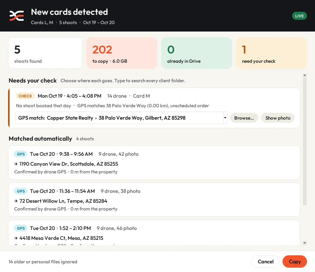 Autosort's new-cards window: five shoots found, 202 files to copy, four matched automatically by drone GPS and one unbooked flight waiting for a check