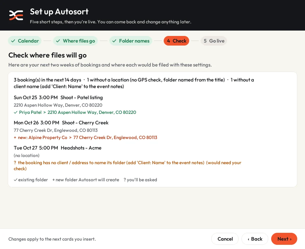 The Check step of Autosort setup, listing upcoming bookings and the folder each would be filed in